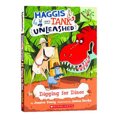 进口英文原版正版 两条狗的冒险寻找恐龙Digging for Dinos 狗狗坦克和哈吉斯2Scholastic Branches章节桥梁书 全彩漫画书启蒙绘本