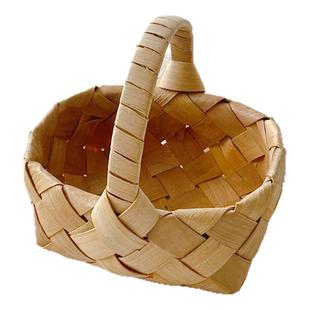 简约蓝木片手提篮子花艺活动鲜花花篮迷你小篮子藤编花筐竹编花器