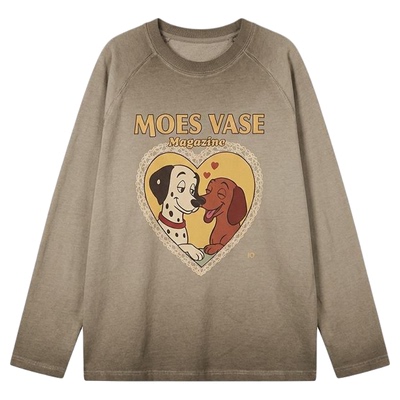 「周里物出品」咖啡色T恤女2026春季新款印花宽松圆领慵懒风上衣