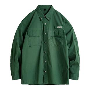 马登工装美式复古多口袋衬衫外套绿色纯棉叠穿长袖衬衣薄款男夏春