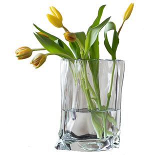 创意网红玻璃花瓶褶皱纸袋摆件客厅插花水培郁金香餐桌透明ins风