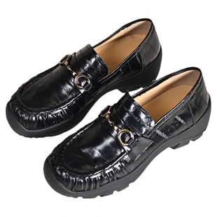 步享~英伦风复古金属扣乐福鞋女厚底圆头中跟真皮一脚蹬休闲单鞋