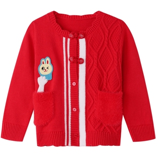 安奈儿童装女童开衫毛衣秋季小童宝宝国风保暖红色针织衫