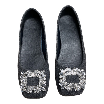 加宽版 ~水钻单鞋女平底豆豆鞋奶奶鞋瓢鞋加肥加宽大码女鞋41到43