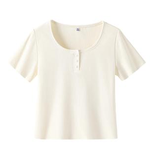 班尼路杏色t恤女2026夏季U领时尚修身开扣透气小个子内搭短袖女N