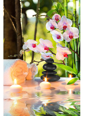 自然清新点燃蜡烛白色兰花竹子自粘贴画纳福装饰画竖版挂画