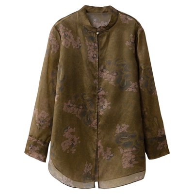 一丝牵 真丝欧根纱印花上衣微透暗扣长袖国风立领罩衫100%桑蚕丝