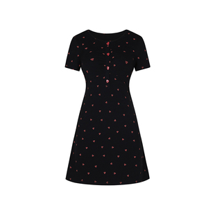 安妮不火恋语织物俏皮感桃心印花连衣裙女微胖大码收腰可爱小裙子