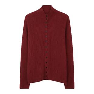 【新品限时9折】solighter红色羊绒混纺半高领坑条针织开衫毛衣女