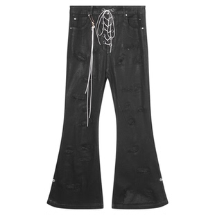 PunkFK抽绳蜡面喇叭牛仔裤FLARED水洗做旧宽松拖地长度可调节
