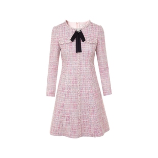 朗姿莱茵福莱尔珠饰手工织带蝴蝶结富家千金法式温柔长袖连衣裙秋