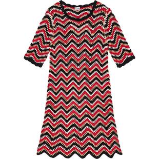 GANNI女装波浪条纹钩编圆领修身连衣裙 K2162474