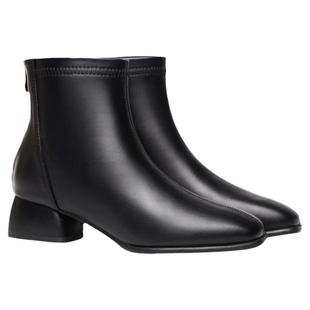 时尚真皮女靴粗跟方头短靴女春秋单靴裸靴软皮瘦瘦靴中跟马丁靴女