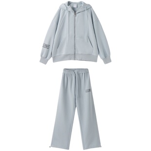 女大童奶蓝运动套装2024春秋童装青少年连帽卫衣开衫直筒裤两件套