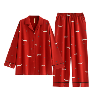 家乐芬大红色睡衣女士春秋款纯棉长袖家居服卡通腊肠狗大码本命年