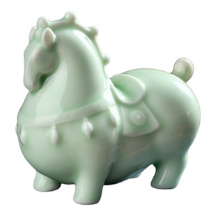 东方泥土陶瓷汝窑唐马摆件中式客厅电视柜茶桌装饰品生肖马吉祥物