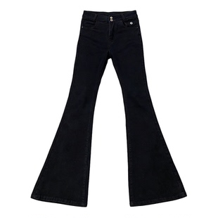 黑色加绒微喇牛仔裤女2026冬季新款气质双扣高腰修身显瘦百搭长裤