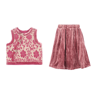 大耳象女童丝绒旗袍马甲闪光丝绒半裙2026春季新款宝儿中式拜年服