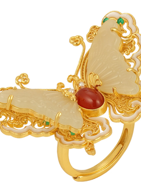 非遗花丝蝴蝶和田玉银鎏金戒指