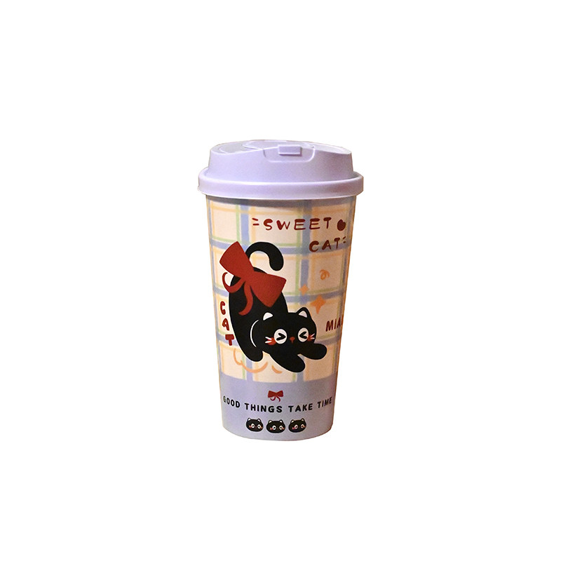 网红小黑猫一次性冷热双用咖啡奶茶纸杯自制饮料带盖杯豆浆水杯