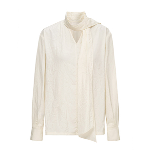 【现货】REINEREN设计师任茜2026春季新品白色飘带围巾领褶皱衬衫