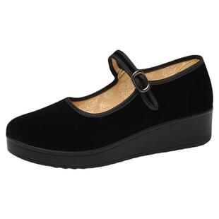 老北京布鞋女士黑色平绒女款舞蹈工作鞋妈妈鞋子上班鞋厚底黑布鞋