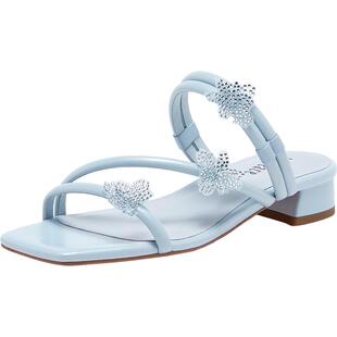 真美诗官方奥莱2024夏季舒适羊皮闪钻花瓣方头凉鞋女YYF04BT4