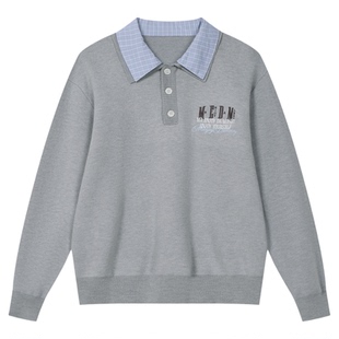 MEDM 双层领假两件套头休闲翻领毛衣男女老钱风刺绣logo针织衫春