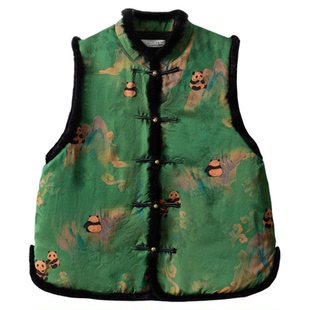 一丝牵填充100%桑蚕丝熊猫香云纱水貂毛真丝马甲棉服外套女新中式