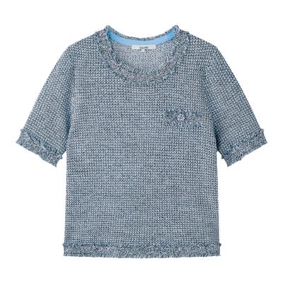 LAUREL丹宁色花纱小香风短袖上衣