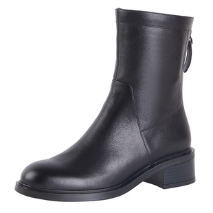 百田森真皮粗跟短靴女新款冬季加绒保暖羊毛东北零下40度靴子