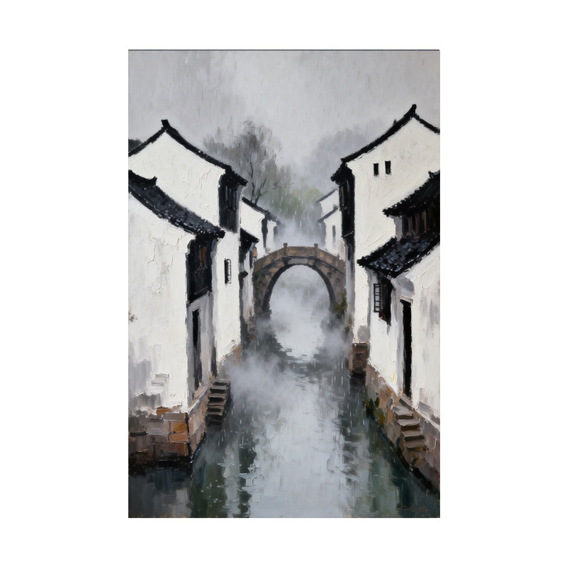 可班手绘油画烟雨江南玄关装饰画