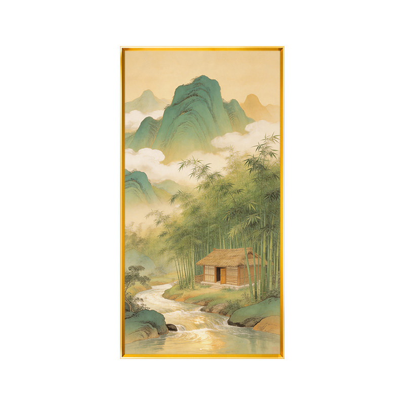 春日翠竹山水风景图玄关十字绣2026新款精美印花线绣满绣竖版自绣