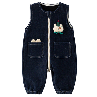 婴儿加绒背带裤秋冬装一岁男女童洋气罩裤拉链档连体裤宝宝牛仔裤