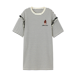 URLAZH有兰秋季新款学院风萌趣经典黑白条纹休闲直筒圆领连衣裙女