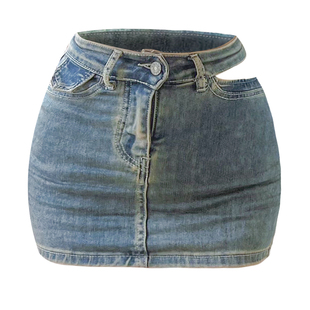 图图小有名气的镂空做旧复古拉链高腰短裤裙半身牛仔弹力超短裙