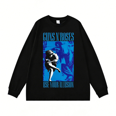 枪花乐队Guns n' roses枪炮玫瑰复古印花纯棉长袖T恤上衣男女春秋