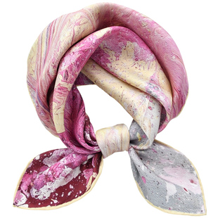 粉色抽象油画儿童真丝小方巾女童春秋桑蚕丝小丝巾女孩护颈小围脖