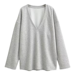 liviahome 美式慵懒风大Ｖ领宽松灰色卫衣休闲上衣女2025秋冬新款