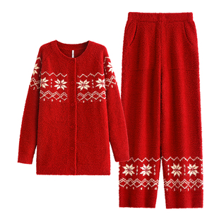 悦内半边绒睡衣女冬季加厚加绒珊瑚绒家居服红色本命年新年费尔岛
