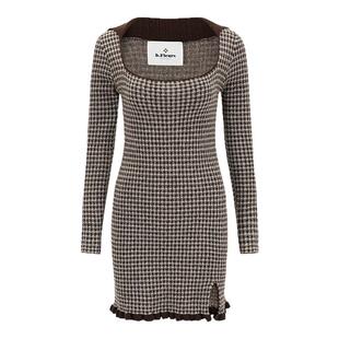 b.Fleurs 法式方领长袖针织裙女秋棋盘格连衣裙修身开叉打底裙子