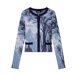 Desigual25春夏新款植物风景提花圆领长袖女士蓝底印花针织衫开衫