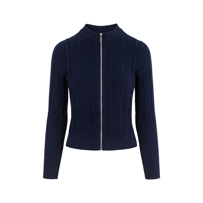 典雅午夜蓝半高领拉链针织开衫