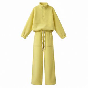 双面绒休闲运动套装女秋冬季加绒高级感半拉链阔腿裤慵懒风两件套