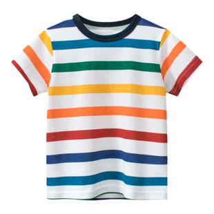 27kids品牌纯棉童装夏季儿童男宝宝短袖T恤打底衫彩虹色条纹薄款
