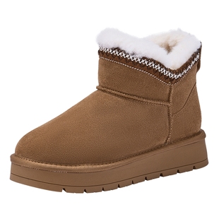 热风厚底雪地靴女款2025年冬季新款棕色短筒加绒棉鞋百搭短靴子
