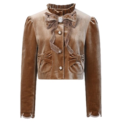 ORA GENESIS2025年秋季新品丝绒刺绣蝴蝶结棉外套