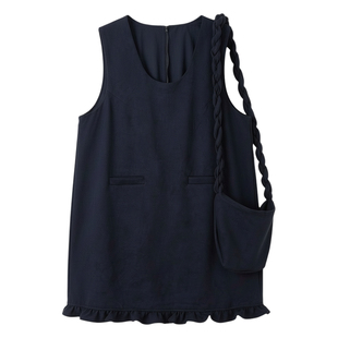 藏青色木耳花边拼接绒面背心连衣裙女秋冬新款叠穿长袖打底衫套装