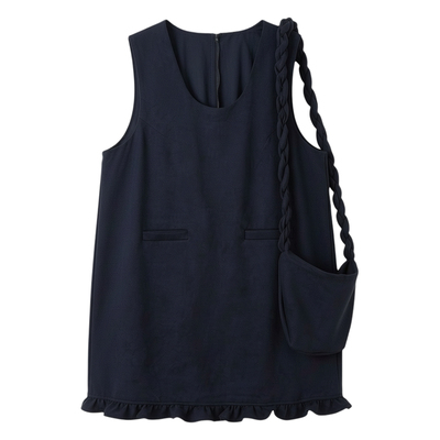 藏青色木耳边绒面背心连衣裙套装