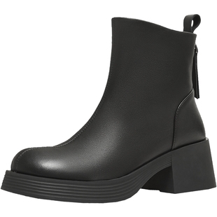 天美意复古奶皮靴加绒切尔西短靴女鞋子高跟时装靴皮靴2025冬新款